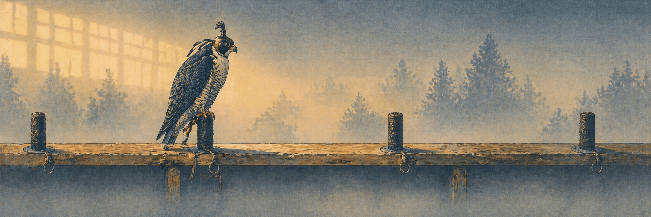 Falcon perched at the falconer's bench